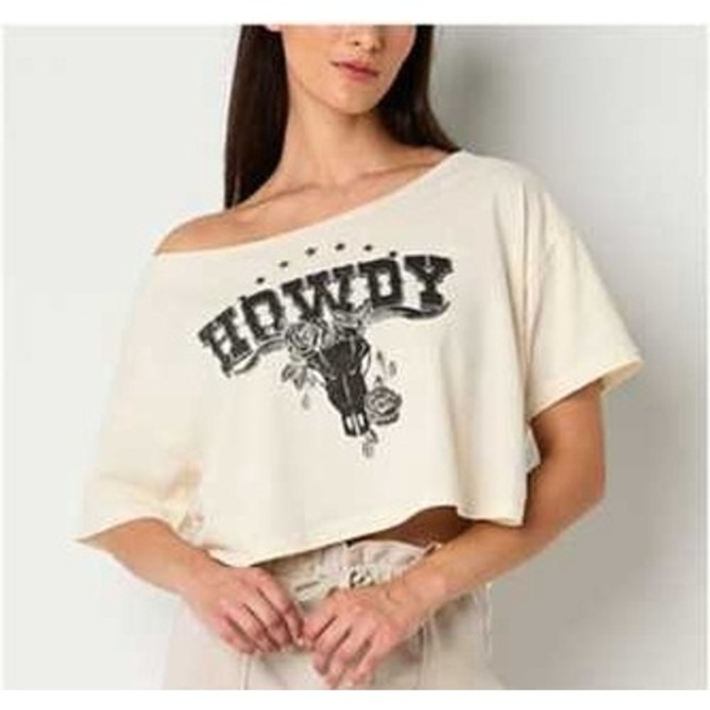 Arizona Jean Co Howdy Skull Roses Cropped Off Shoulder Top Women's Size L